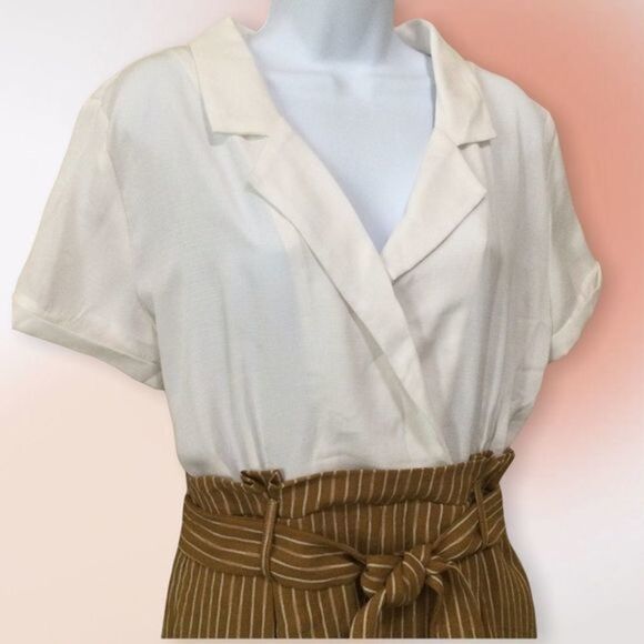 Feel In Apparel Belted Romper Khaki and‎ White Size L NWOT - Picture 6 of 12